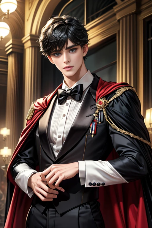 masterpiece, 最high quality, high quality, 1 boy, alone, Male focus, Upper Body,Watching the audience, Messy black hair, Adorable big blue eyes, White, Noble, Noble,A black and red cape that is bursting with sexy volume、Tuxedo、A very voluminous, large, very large, very large, long, long red and black cape with a high stand-up collar, made of a lot of fabric that reaches down to the floor., ,cute beautiful,Cute, cute, kind, handsome guy