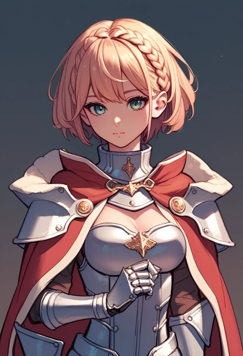 score_5_up, score_6_up, score_7_up, source_anime,
 1girl, solo, hand_on_own_chest, wearing oversized armor, shoulder armor, high_collar, short hair, braid,capelet, gauntlets