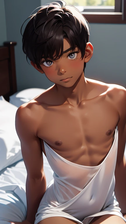 Highest quality、Realistic、、zoom、Primary school students、man、cute、Light grey eyes、Black Hair、short hair、Tanned brown skin、Dark Skin、Completely naked、、Erect big penis、Flat Chest、、thin、bed、