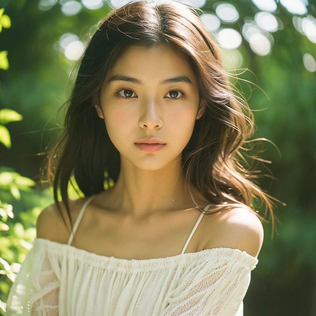 A hyper-realistic close-up image of a single Japanese woman in her early 20s, captured with the nostalgic warmth and subtle graininess of a film camera, focusing on her face and shoulders. Her skin has a warm beige tone with a natural, slightly rough texture that includes visible pores, fine lines, and subtle imperfections such as small blemishes, adding to the authenticity of her appearance. The soft, diffused natural light typical of a sunny summer day casts gentle, warm shadows on her face, enhancing the film-like quality while maintaining the realistic texture of her skin. Her straight, glossy black hair is slightly tousled by a gentle summer breeze, framing her face naturally. She is wearing a light, summery outfit, perhaps with straps visible at the shoulders, that complements her natural beauty and suits the warm weather. The film camera effect introduces a slight grain and a softer focus, giving the image a warm, nostalgic atmosphere while preserving the realism of her skin and features. The overall composition captures the serene and effortless elegance of a summer day, with the focus on the realistic texture of her skin and the timeless quality of the film camera aesthetic.