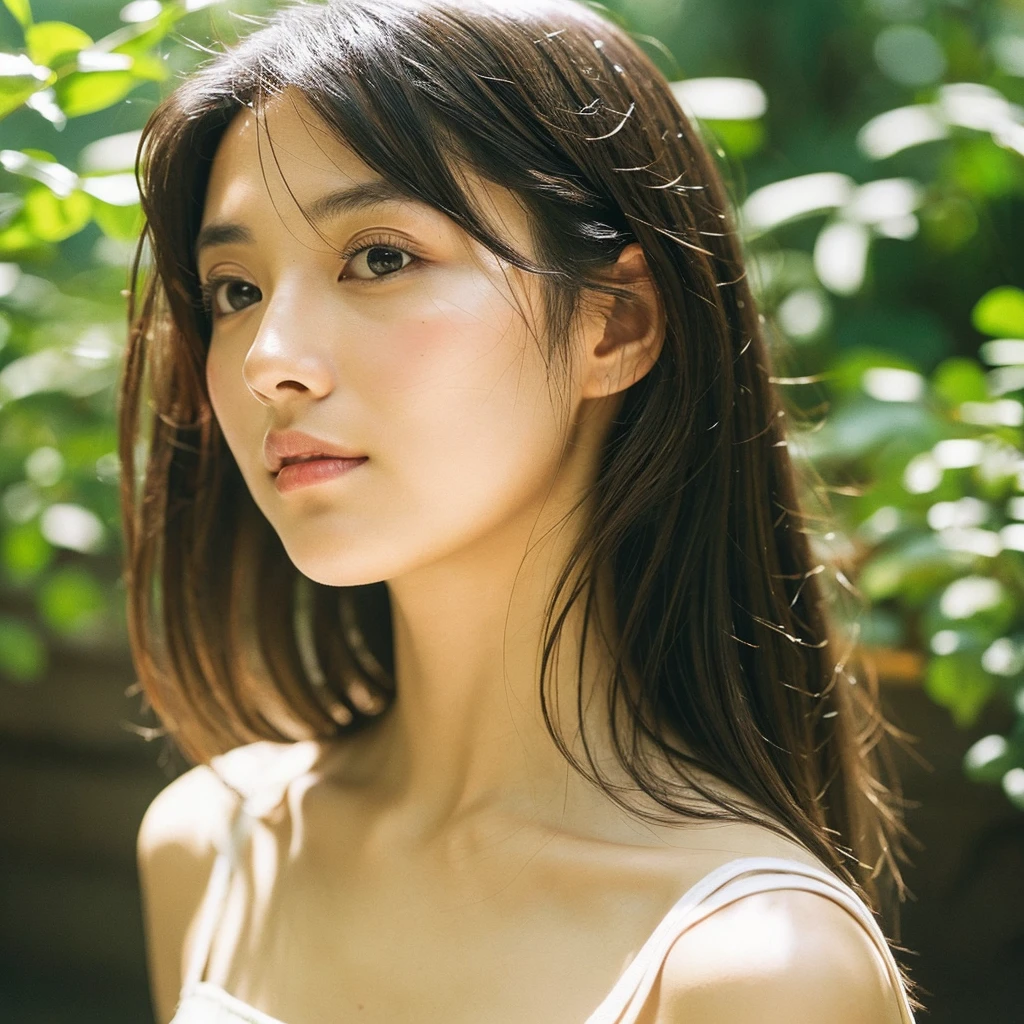 A hyper-realistic close-up image of a single Japanese woman in her early 20s, captured with the nostalgic warmth and subtle graininess of a film camera, focusing on her face and shoulders. Her skin has a warm beige tone with a natural, slightly rough texture that includes visible pores, fine lines, and subtle imperfections such as small blemishes, adding to the authenticity of her appearance. The soft, diffused natural light typical of a sunny summer day casts gentle, warm shadows on her face, enhancing the film-like quality while maintaining the realistic texture of her skin. Her straight, glossy black hair is slightly tousled by a gentle summer breeze, framing her face naturally. She is wearing a light, summery outfit, perhaps with straps visible at the shoulders, that complements her natural beauty and suits the warm weather. The film camera effect introduces a slight grain and a softer focus, giving the image a warm, nostalgic atmosphere while preserving the realism of her skin and features. The overall composition captures the serene and effortless elegance of a summer day, with the focus on the realistic texture of her skin and the timeless quality of the film camera aesthetic.