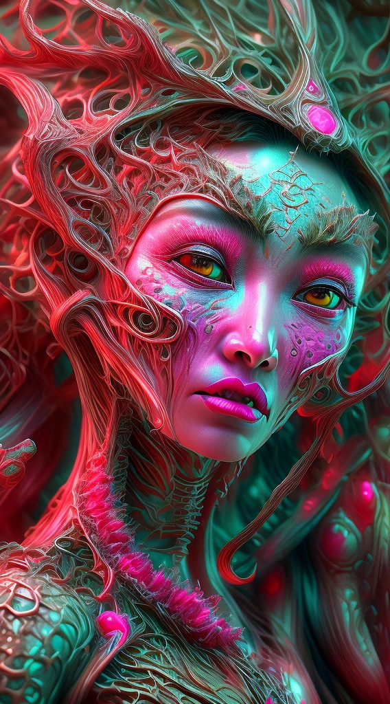 Horrific creature from Space. terraforming. Alien Flora, Miki Asai, hyper detailed, trending on artstation, sharp focus, studio photo, intricate details, incorporate hot pink and neon green, highly detailed, by greg rutkowskidetailed face, detailed skin, full focus, attention to detail, intricate,full form looking moist and alive, Masterpiece 