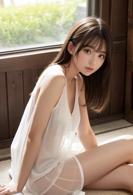 see-through summer dress、no underwear、woman sitting with legs wide open