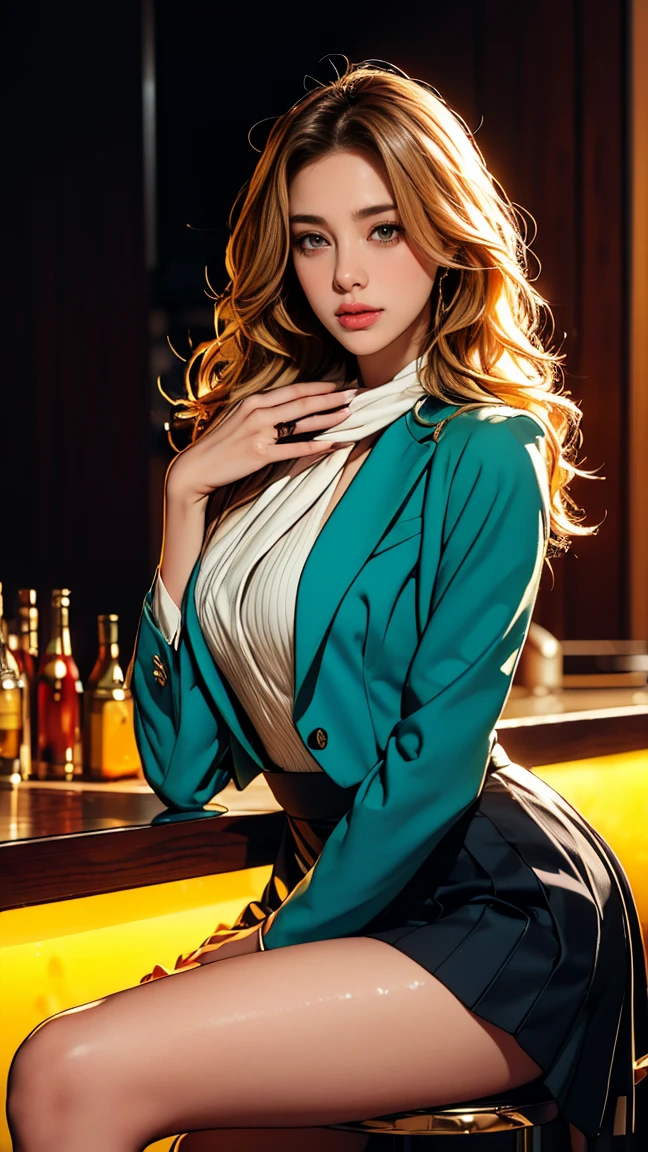 (Very detailed, Realistic, Highest quality, 4K, 8k, High resolution, masterpiece:1.3), An attractive flight attendant with a graceful and elegant figure. Erin Anderson is tall and slender, long, Long, wavy, golden blonde hair styled in loose curls. Long hair that reaches down to the buttocks.She has attractive, friendly, bright green eyes.. She wears a provocative silk uniform, White vertical ruffle silk blouse、Pair it with a blazer jacket, Short flared skirt, Black high heels, Silk scarf, Side Cap. Her attitude is friendly and approachable, With a radiant smile that enhances her warm presence. The background is smooth, A modern private jet parked on the runway, Emphasise your role as an elite flight attendant. This scene captures her polished and professional appearance., highlighting her elegance and the luxurious environment in which she works, (Intricate details, Very finely crafted needles, Very finely crafted fingers, Full-body showcase, Show whole body).（Long hair that reaches down to the buttocks:1.5）((とてもlong髪))(((Sits on a bar chair by the counter in a seductive pose in a stylish bar at night:1.1))),((Place your left hand gently on your chin，right hand holding chest:1.3)),