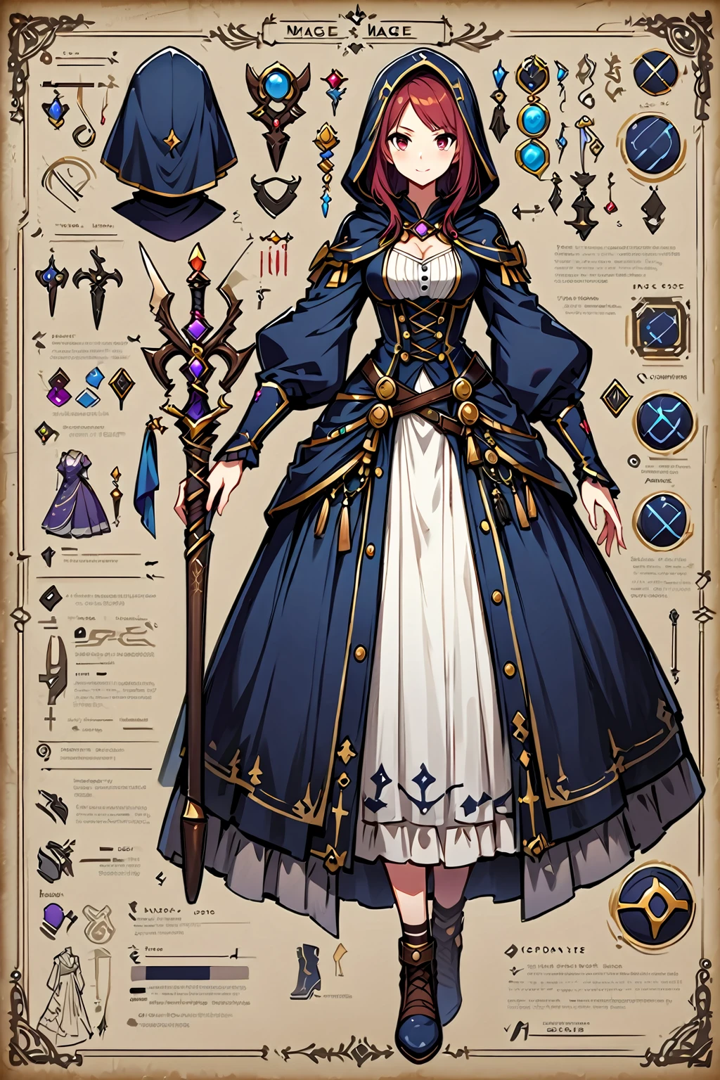 Framed Presentation of a mage, woman character design sheet for a video game with detailed accessories, shoes, multiple weapons, and dresses, Ball Gown, buttons to customize the character to your liking, staffs