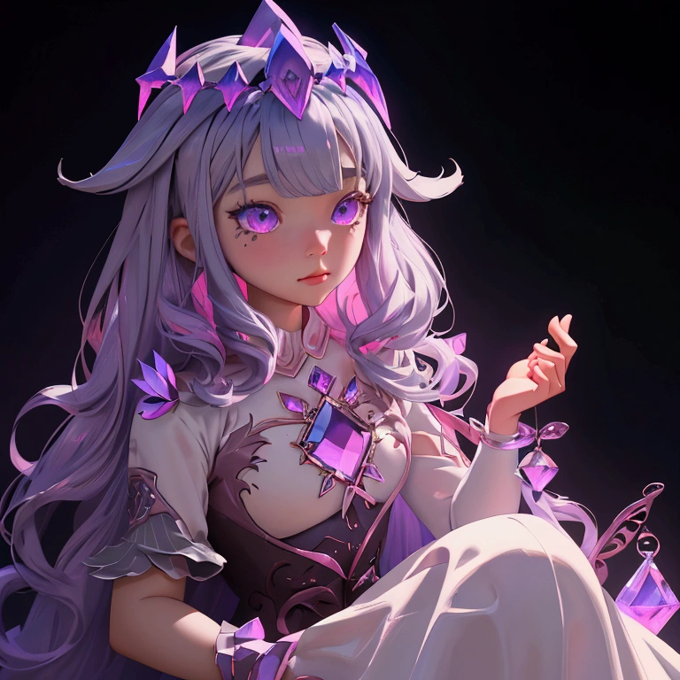 envision a 8k, highres, cinematic, close up beautiful portrait of a short girl named Koseki Bijou with long pinkish gray hair, a jeweled crown, purple eyes, wearing a white dress with magic attachments and bright colorful crystal armor plates against a dark background