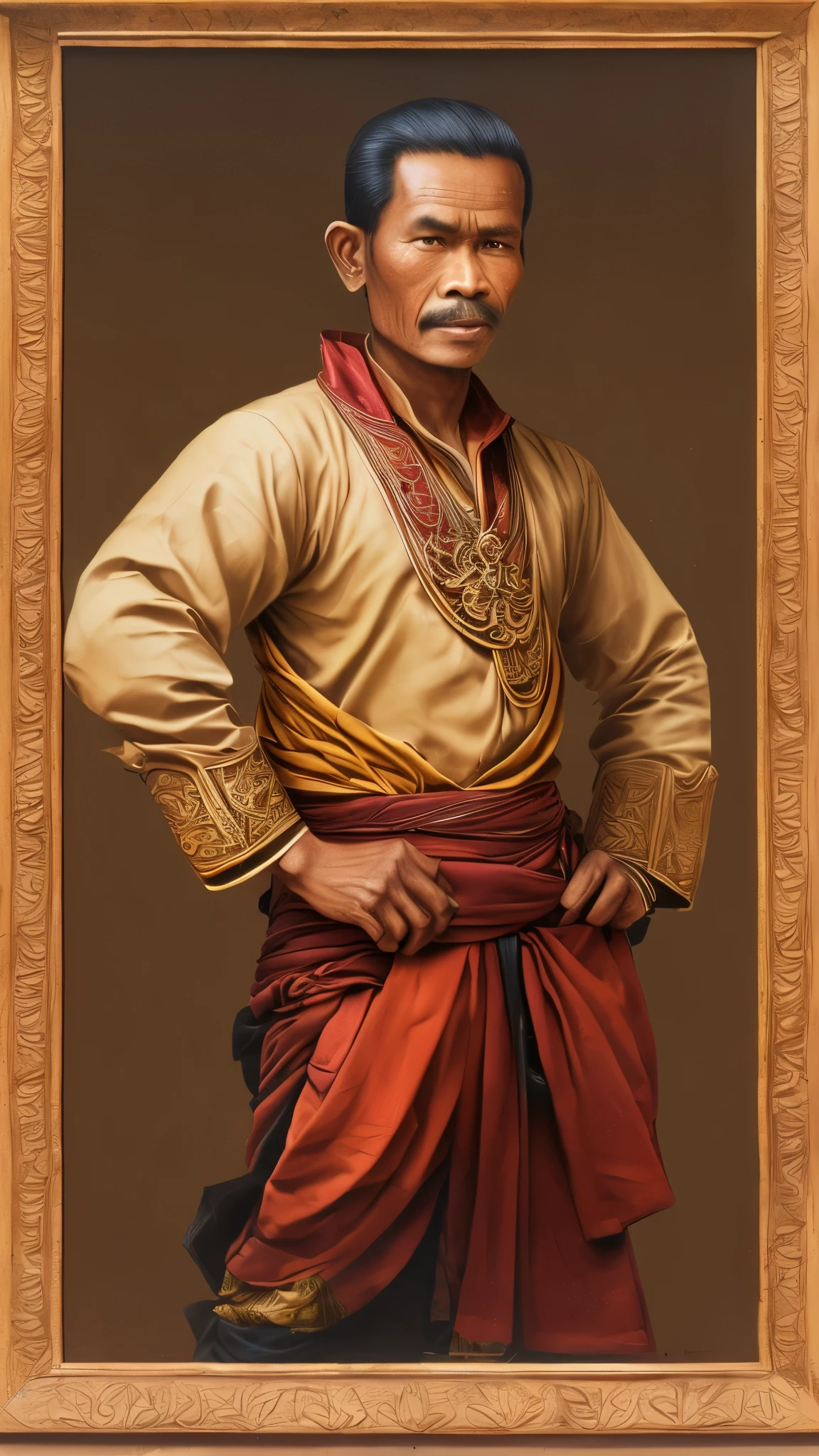 Black and brown drawing of a javanese traditional man, on kraft paper, Karl Kopinski, fantasy, highly detailed, Vlop and Krenz Cushart, ornate detailing, Jean-Sebastian Rossbach, James Gene