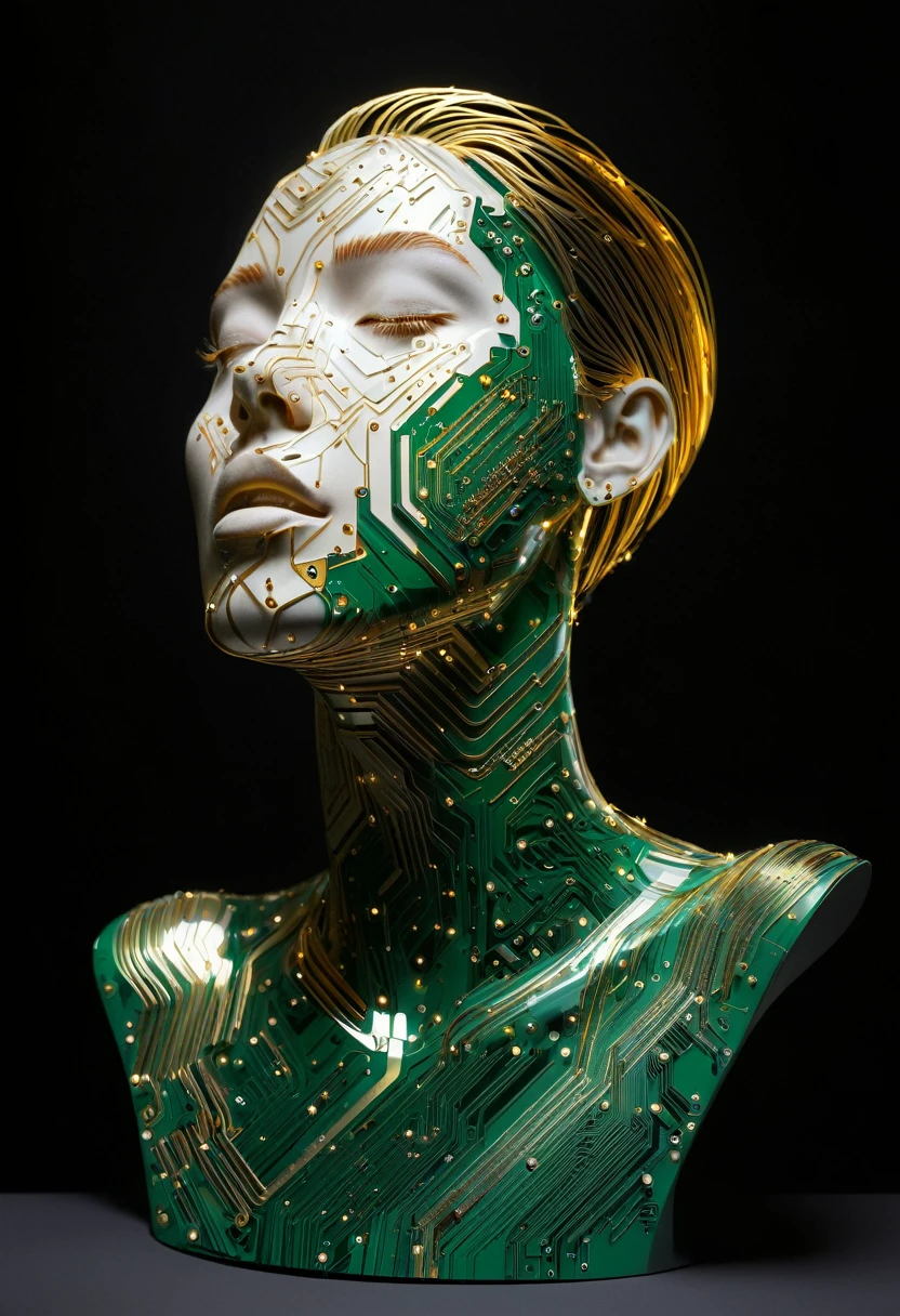 Intricate painting of an exploded female bust made from circuit boards, Winner of the Behance competition, vanity, angle, gold medal_flash  。glowing lines，Dark background