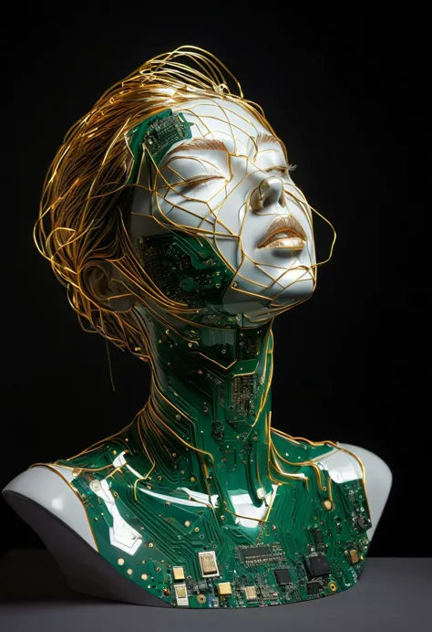 intricate painting of an exploded female bust made from circuit boards, winner of the behance competition, vanity, angle, gold m...