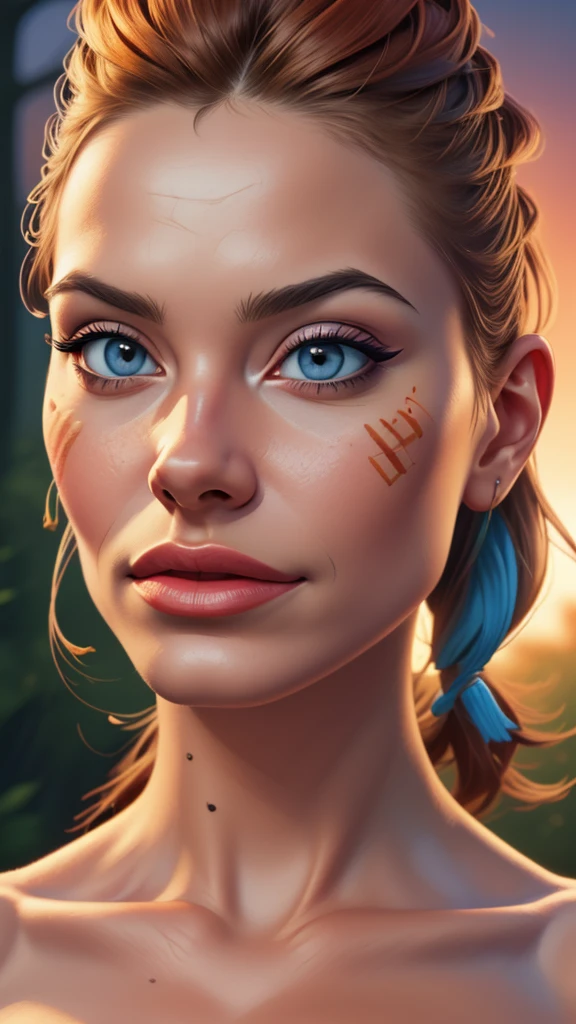 (work of art, Cartoon style digital illustration best quality, ultra realistic,32K,raw-photo, skin detailed, 8k hd, dslr, high qualiy, film grain:1.5), rule of thirds, An extremely beautiful woman, Pale skin, russet hair, Celtic warrior, Weathered Blue War Face Paint Birch Forest, Sharp, bold focus, intrikate, digitalpainting, highy detailed, high-detailed face, soft lighting, vibrant colors Cartoon style digital illustration 