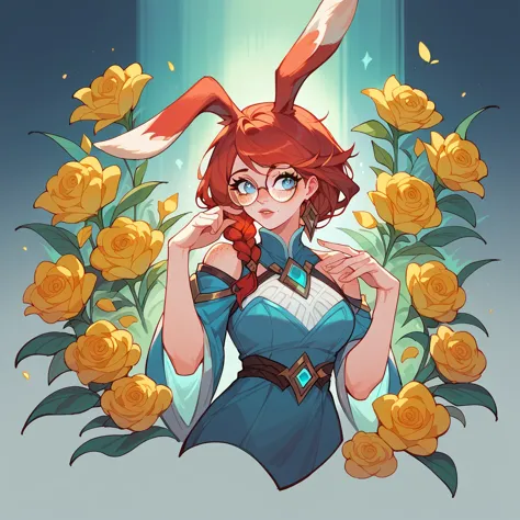 score_9, score_8_up, score_7_up, aurora (league of legends), 1girl, blue eyes, bunny ears, freckles, bangs, braid, sexy, full bo...