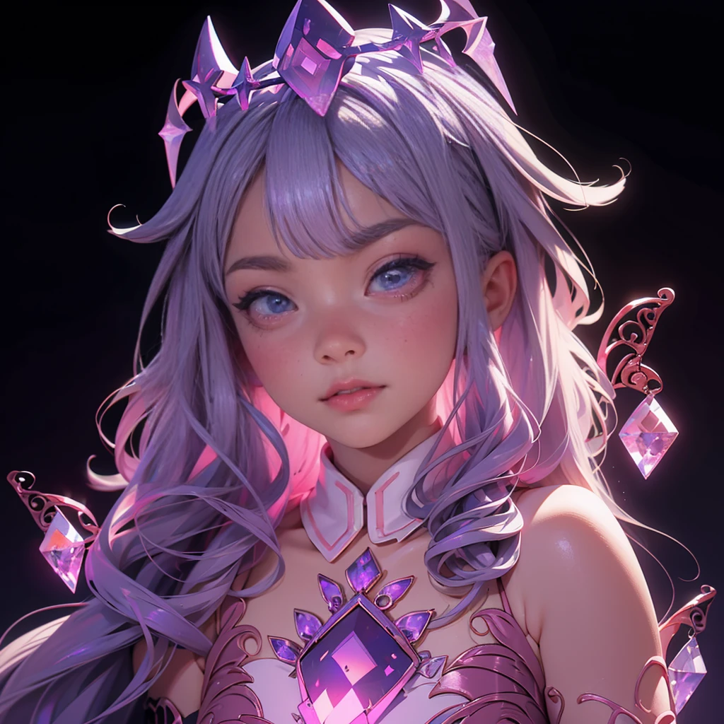 envision a 8k, highres, cinematic, close up beautiful portrait of a short adult girl named Koseki Bijou with long pinkish gray hair, a jeweled crown, purple eyes, wearing a white dress with magic attachments and bright colorful crystal armor plates against a dark background