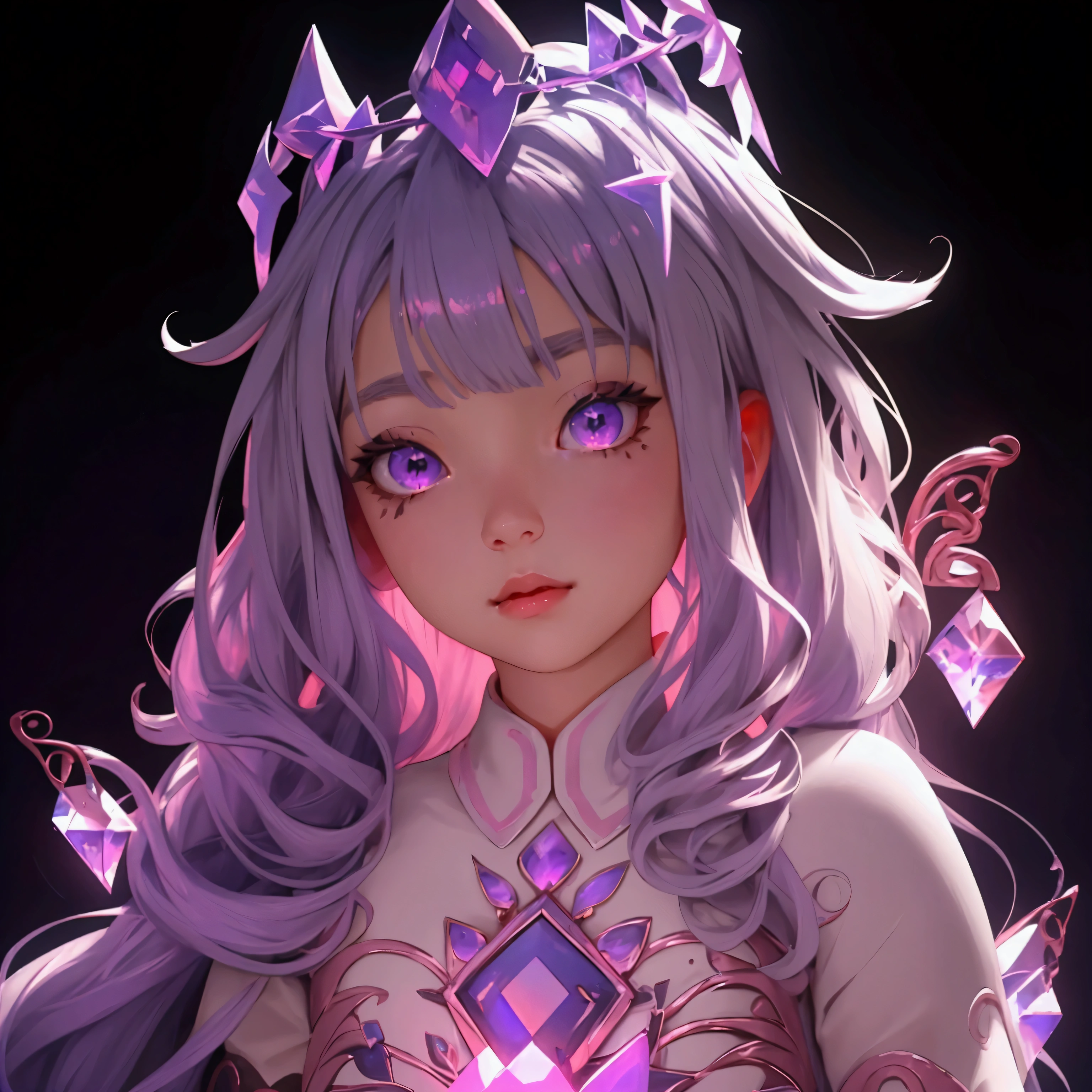 envision a 8k, highres, cinematic, close up beautiful portrait of a short adult girl named Koseki Bijou with long pinkish gray hair, a jeweled crown, purple eyes, wearing a white dress with magic attachments and bright colorful crystal armor plates against a dark background