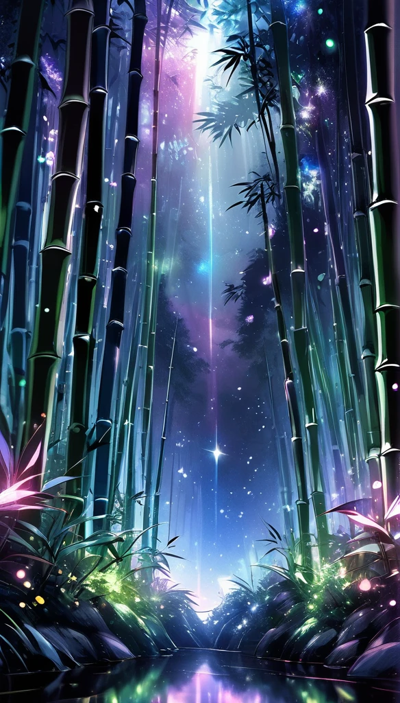 Bamboo forest on a dark night, Delicate and sharp, crisp outline, Soft internal illumination, Many tiny fireflies flying around, Holographic sparkle all over, Vibrant colors, Fantastic rainbow reflections, Metallic luster, A balance and harmony between pitch black darkness and shining particles, Sharp and delicate, Watercolor style CG, High Contrast, Perfectly Tuned Octane Rendering, super retina vision, NRART, The ultimate aesthetic,