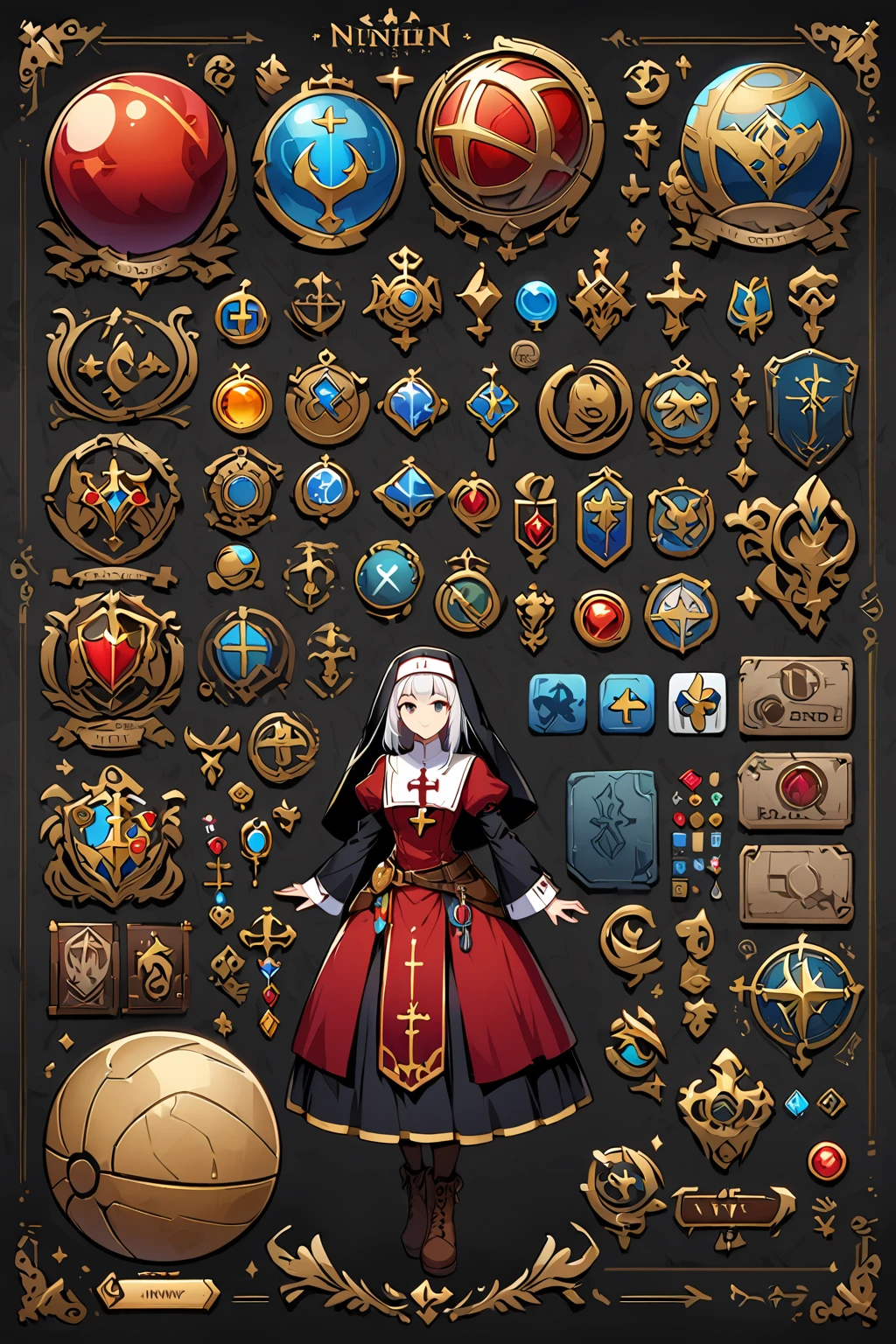 Framed Presentation of a nun, woman character design sheet for a video game with detailed accessories, boots, multiple icons, and nun dresses, Ball Gown, buttons to customize the character to your liking, sphere,(game icon),medal icon,rpg,