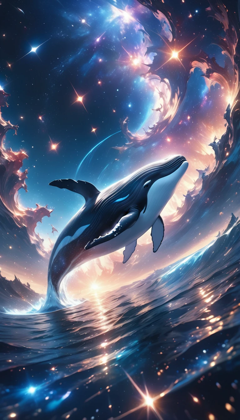 a breathtaking cosmic landscape, a sea of shimmering stardust, glimmering and radiant, luminous and reflective, a whale leaping from the sea and swimming through the cosmos, ultra-detailed, (best quality,8k,highres,masterpiece:1.2),realistic, photorealistic, vibrant colors, dramatic lighting, cinematic composition, dreamlike, fantasy, surreal, ethereal