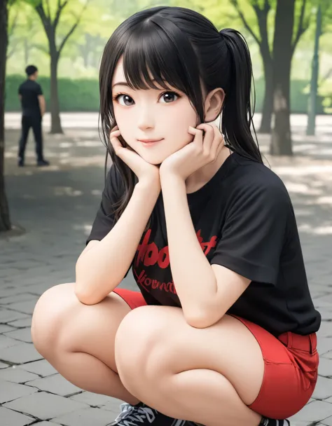 (best quality:1.2), 1girl, ueno park, t-shirt, hot pants, squat