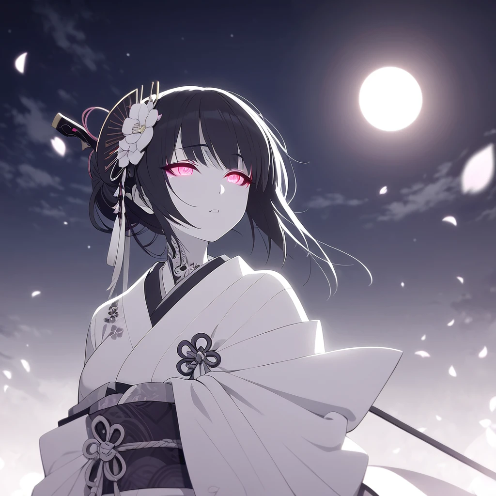 (masterpiece:1,2), Highest quality, masterpiece, High resolution, original, Very detailed壁紙, Perfect lighting,geisha, kimono,tattoo,(((Black and White))),Very detailed,alone,Cold Eyes,look up,Glowing Eyes,Goodbye,moon,Black Hair,petal,sexy, whole body