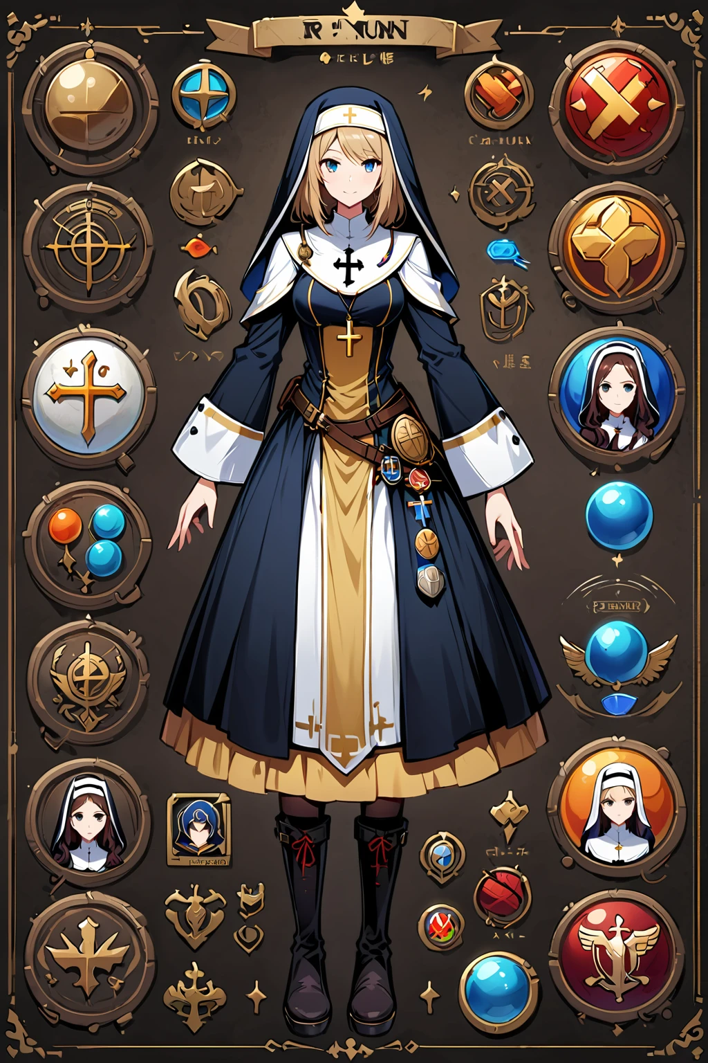 Framed Presentation of a nun, woman character design sheet for a video game with detailed accessories, boots, multiple icons, and nun dresses, Ball Gown, buttons to customize the character to your liking, sphere,(game icon),medal icon,rpg,(holy icon),