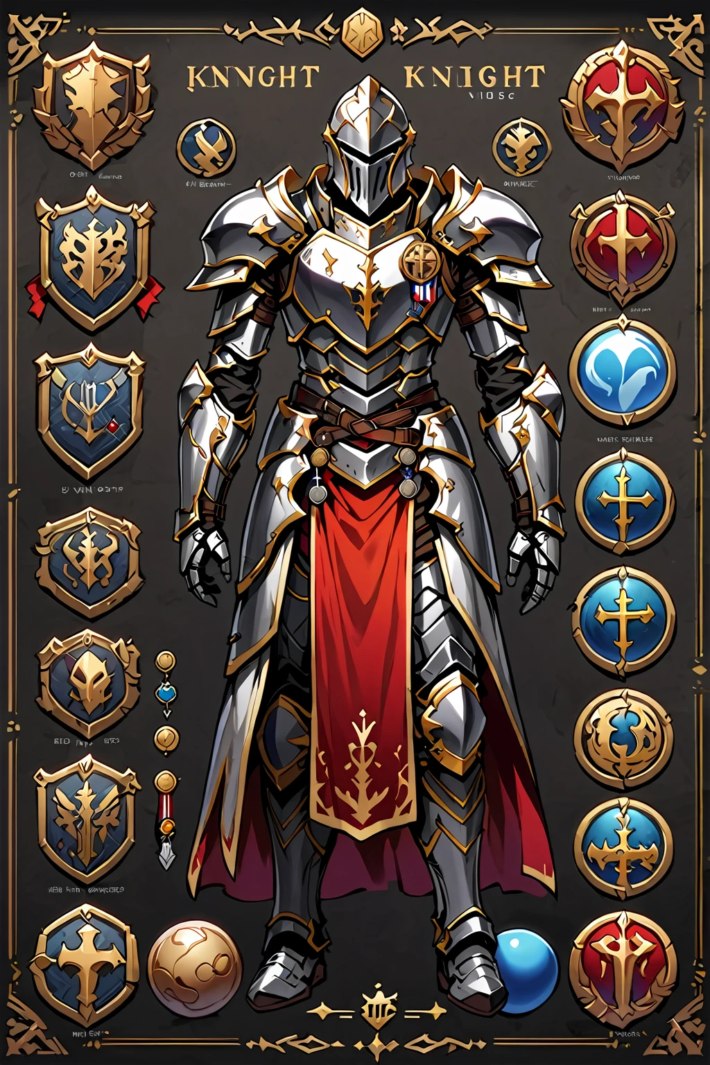 Framed Presentation of a knight, man character design sheet for a video game with detailed accessories, metal armor, multiple icons, and fantasy knight clothes, Ball Gown, buttons to customize the character to your liking, sphere,(game icon),medal icon,rpg,(holy icon),