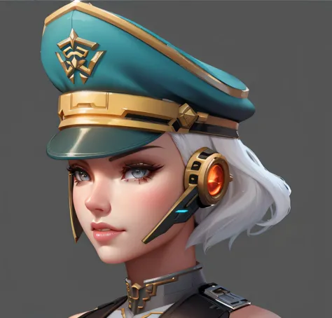 close-up of a woman wearing a hat and, close-up characters, female characters, mechanized female soldier, very detailed characte...