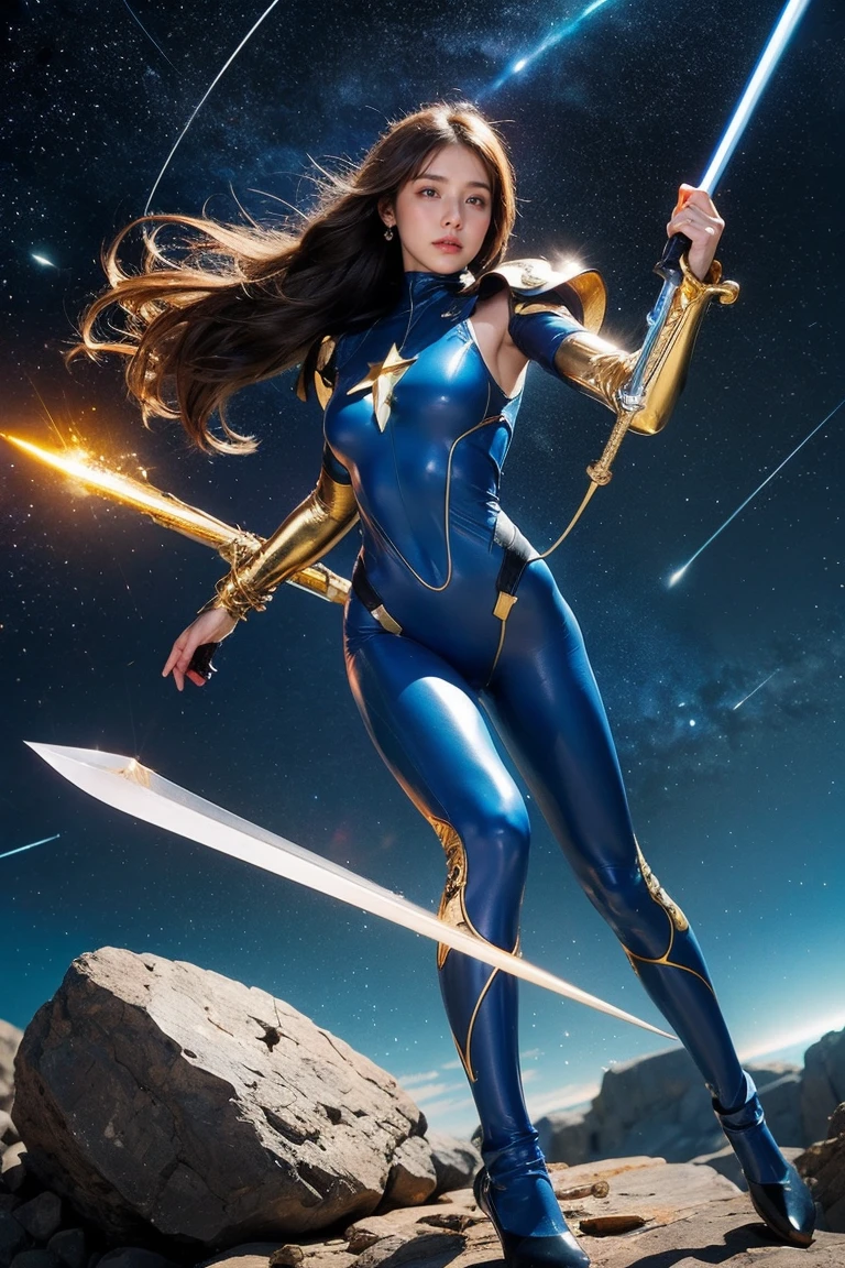 Highest quality, masterpiece, Realistic, High resolution, 8K RAW Photos, 1 person、Long Hair、goddess、Holding a decorated sword、Raise your sword、Glamour、(Blue bodysuit with light motif、Gold Edge)、pendant、Earrings、(Action pose)、(On a rock on a planet where you can see a meteor shower)、(Many stars floating in the starry sky）、shield、Attacking with a staff、戦闘goddess