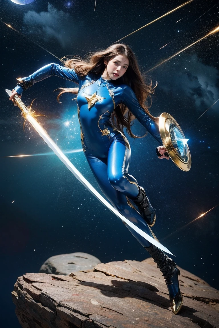 Highest quality, masterpiece, Realistic, High resolution, 8K RAW Photos, 1 person、Long Hair、goddess、Holding a decorated sword、Raise your sword、Glamour、(Blue bodysuit with light motif、Gold Edge)、pendant、Earrings、(Action pose)、(On a rock on a planet where you can see a meteor shower)、(Many stars floating in the starry sky）、shield、Attacking with a staff、戦闘goddess