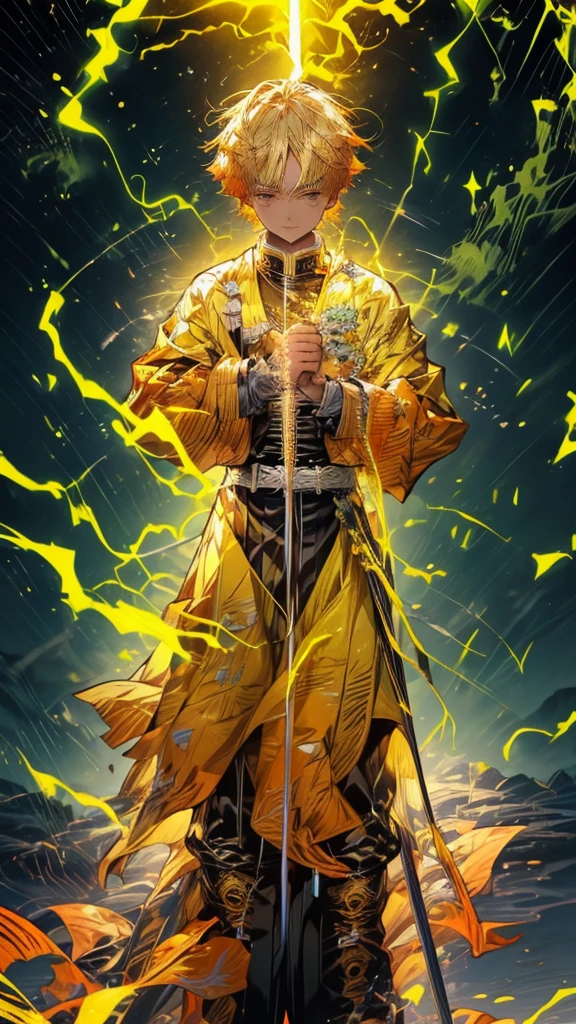 Zenitsu Agatsuma, a character from the Demon Slayer series, poised to draw his katana, a look of intense concentration in his eyes, gazing forward with nervous anticipation, slightly leaning forward, dressed in vibrant electric yellow attire, the atmosphere charged with lightning,