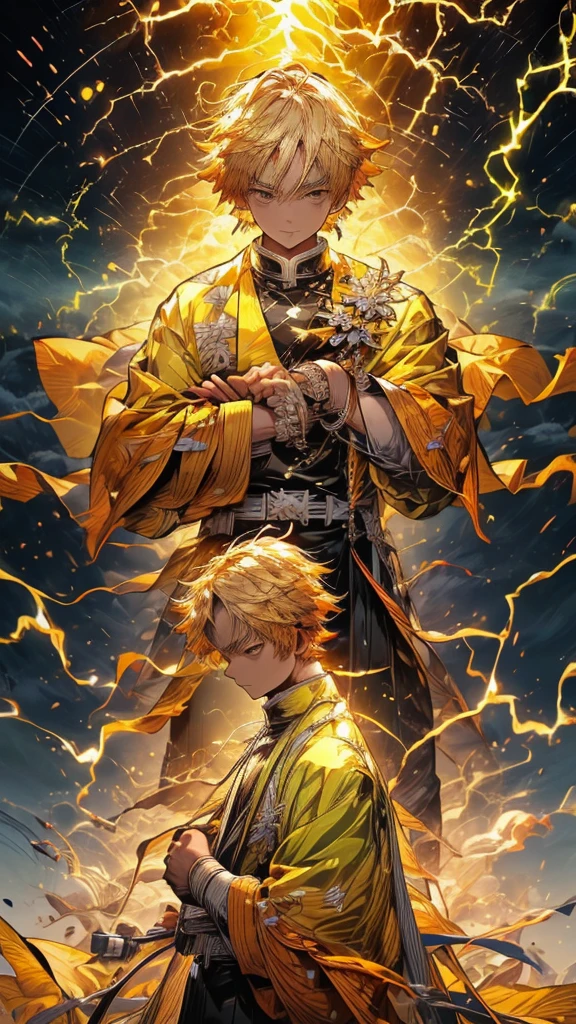 Zenitsu Agatsuma, a character from the Demon Slayer series, poised to draw his katana, a look of intense concentration in his eyes, gazing forward with nervous anticipation, slightly leaning forward, dressed in vibrant electric yellow attire, the atmosphere charged with lightning, ถือดาบ