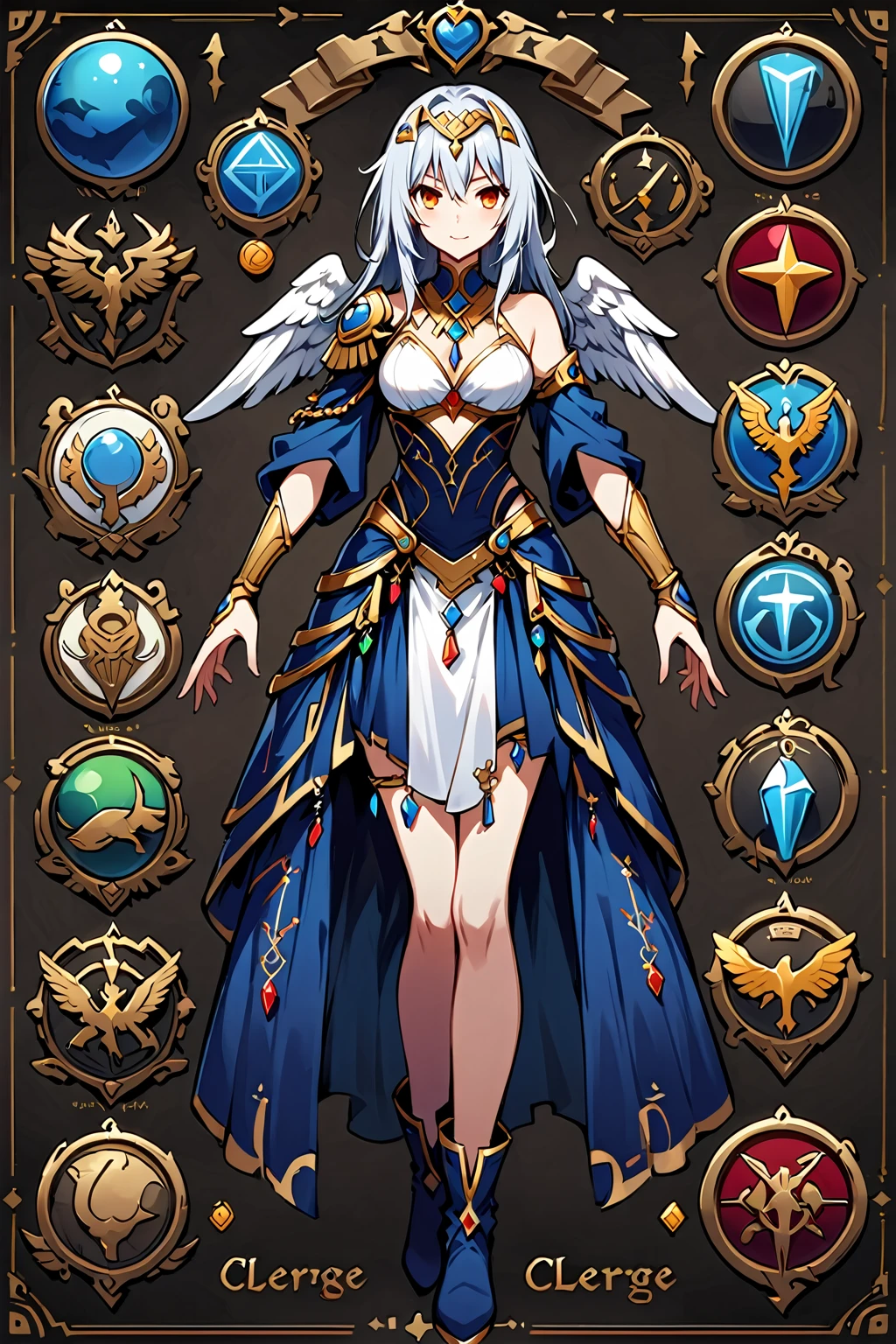 Framed Presentation of a clerge, woman character design sheet for a video game with detailed accessories, boots, multiple icons, and fantasy dancer dresses, Ball Gown, buttons to customize the character to your liking, sphere,(game icon),medal icon,rpg,(wing icon),(angel icon),(evil icon),