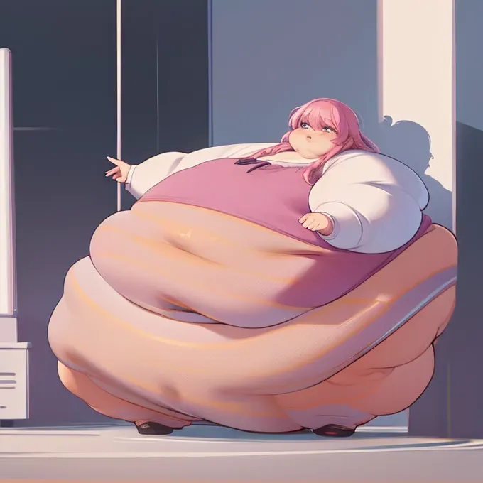 extremely obese woman, wearing a loose pink dress, fat blob, far rolls, immobilized by her weight, very long wavy neon pink hair...