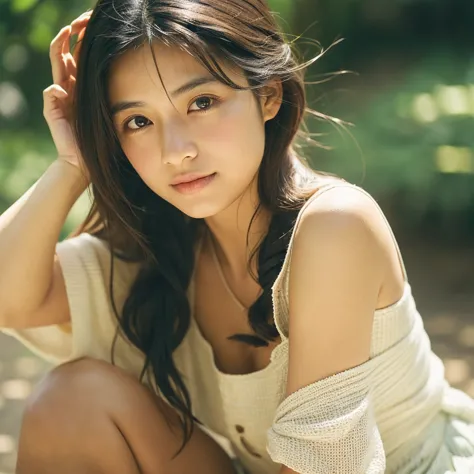 a hyper-realistic close-up image of a single japanese woman in her early 20s, captured with the nostalgic warmth and subtle grai...