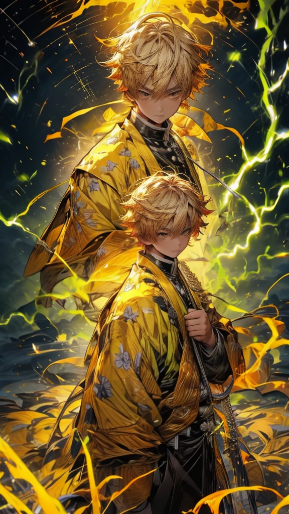 Zenitsu Agatsuma, a character from the Demon Slayer series, poised to draw his katana, a look of intense concentration in his eyes, gazing forward with nervous anticipation, slightly leaning forward, dressed in vibrant electric yellow attire, the atmosphere charged with lightning, ถือดาบด้วยมือข้างเดียว