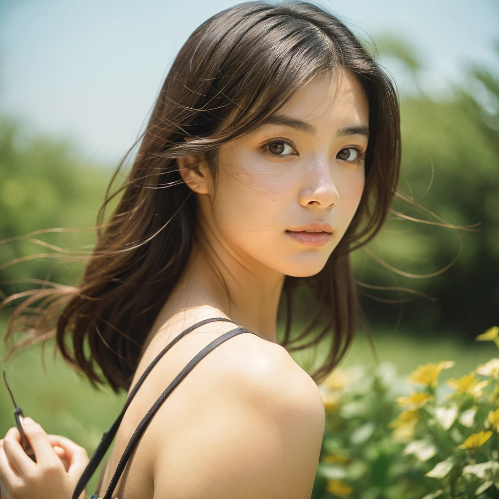 A hyper-realistic close-up image of a single Japanese woman in her early 20s, captured with the nostalgic warmth and subtle graininess of a film camera, focusing on her face and shoulders. Her skin has a warm beige tone with a natural, slightly rough texture that includes visible pores, fine lines, and subtle imperfections such as small blemishes, adding to the authenticity of her appearance. The soft, diffused natural light typical of a sunny summer day casts gentle, warm shadows on her face, enhancing the film-like quality while maintaining the realistic texture of her skin. Her straight, glossy black hair is slightly tousled by a gentle summer breeze, framing her face naturally. She is wearing a light, summery outfit, perhaps with straps visible at the shoulders, that complements her natural beauty and suits the warm weather. The film camera effect introduces a slight grain and a softer focus, giving the image a warm, nostalgic atmosphere while preserving the realism of her skin and features. The overall composition captures the serene and effortless elegance of a summer day, with the focus on the realistic texture of her skin and the timeless quality of the film camera aesthetic.