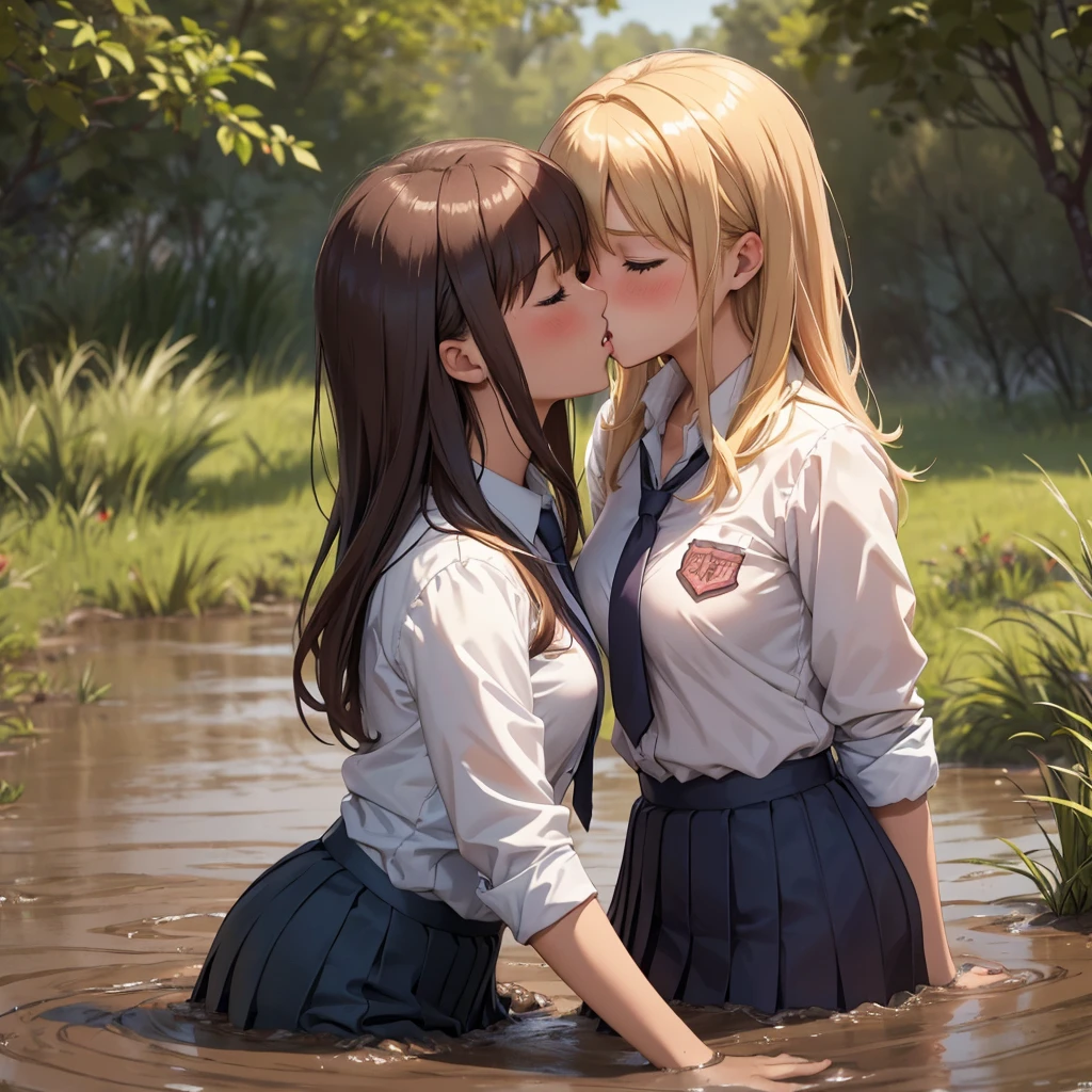 Romance students, two girls students in school shirts, lesbian couple, blonde or ginger, beautiful, alumnaxalumna, classmates, (kissing passionately:1.3), facing each other, mouth to mouth, sinking deep in the middle of quicksand, bog, swamp, marsh, muddy, messy, deep mud, orgasm, intimate moment, closed eyes, passion