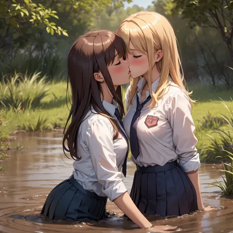 romance students, two girls students in school shirts, lesbian couple, blonde or ginger, beautiful, alumnaxalumna, classmates, (...