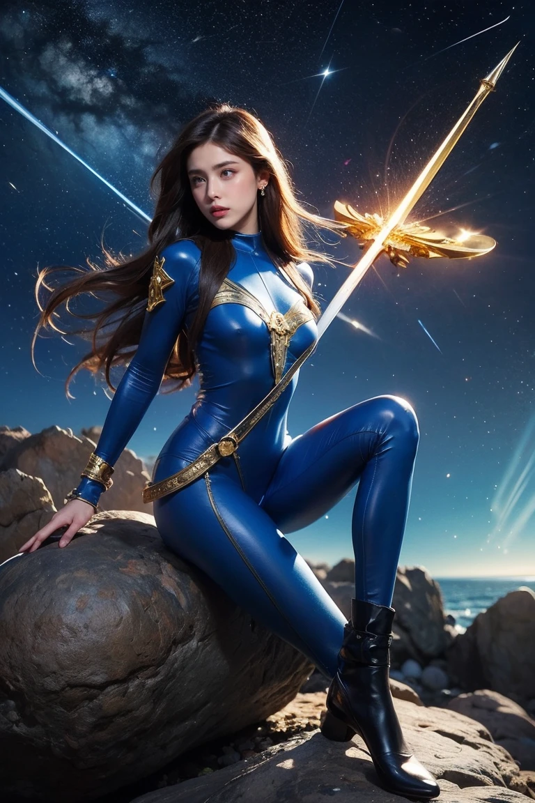 Highest quality, masterpiece, Realistic, High resolution, 8K RAW Photos, 1 person、Long Hair、goddess、Holding a decorated sword、Raise your sword、Glamour、(Blue bodysuit with light motif、Gold Edge)、pendant、Earrings、(Action pose)、(On a rock on a planet where you can see a meteor shower)、(Many stars floating in the starry sky）、shield、Attacking with a staff、戦闘goddess