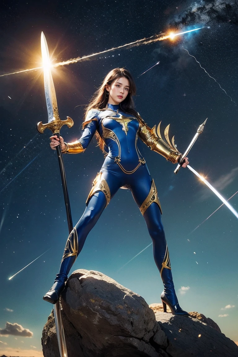 Highest quality, masterpiece, Realistic, High resolution, 8K RAW Photos, 1 person、Long Hair、goddess、Holding a decorated sword、Raise your sword、Glamour、(Blue bodysuit with light motif、Gold Edge)、pendant、Earrings、(Action pose)、(On a rock on a planet where you can see a meteor shower)、(Many stars floating in the starry sky）、shield、Attacking with a staff、戦闘goddess