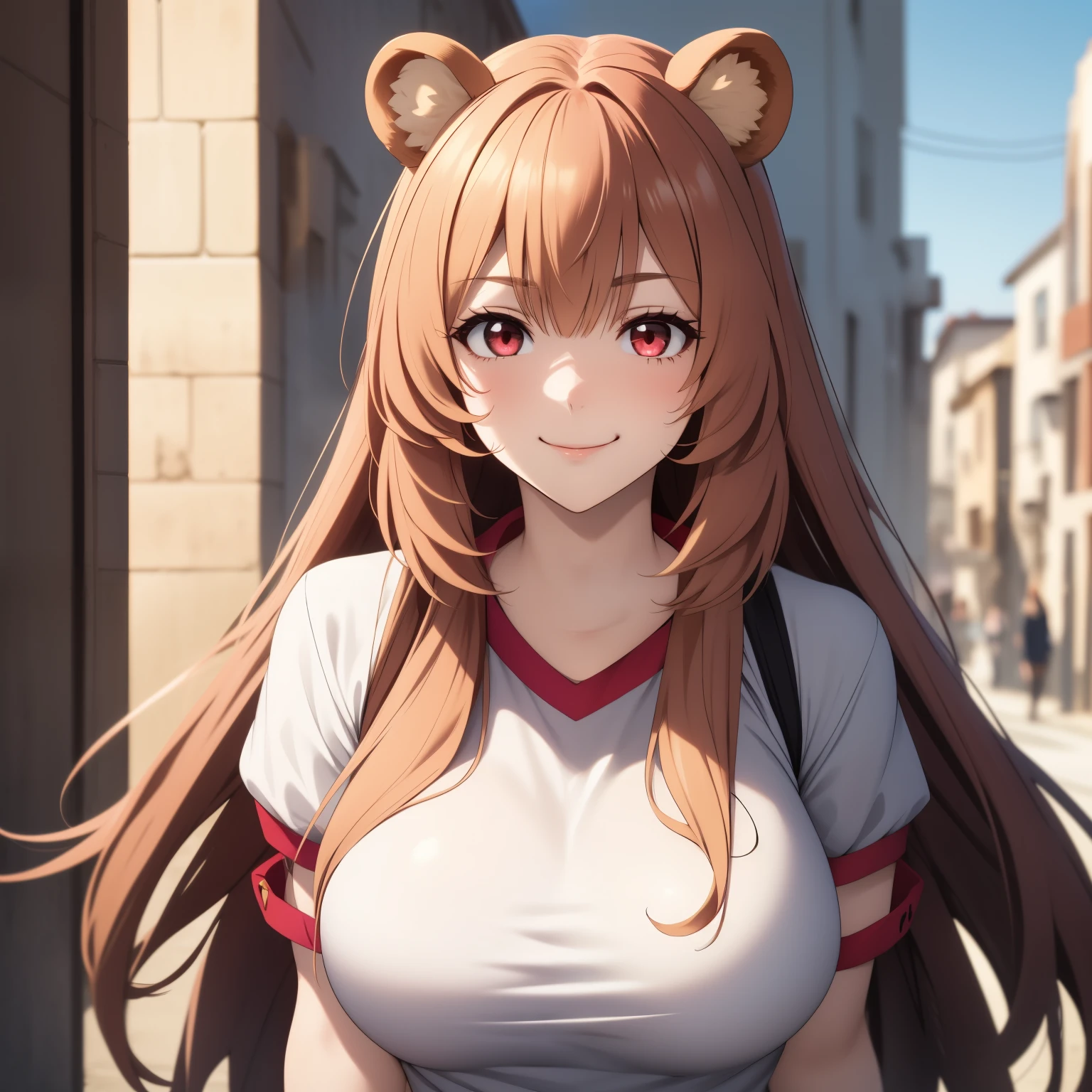 Raphtalia woman19 años straight floating golden blonde hair , rounded bear ears, red eyes like ruby,  shy smile,  big breasts,  camiseta corta rosada escotada sin magas  escote, abdomen descubierto, minifalda sexy negra. fondo un calle urbana.