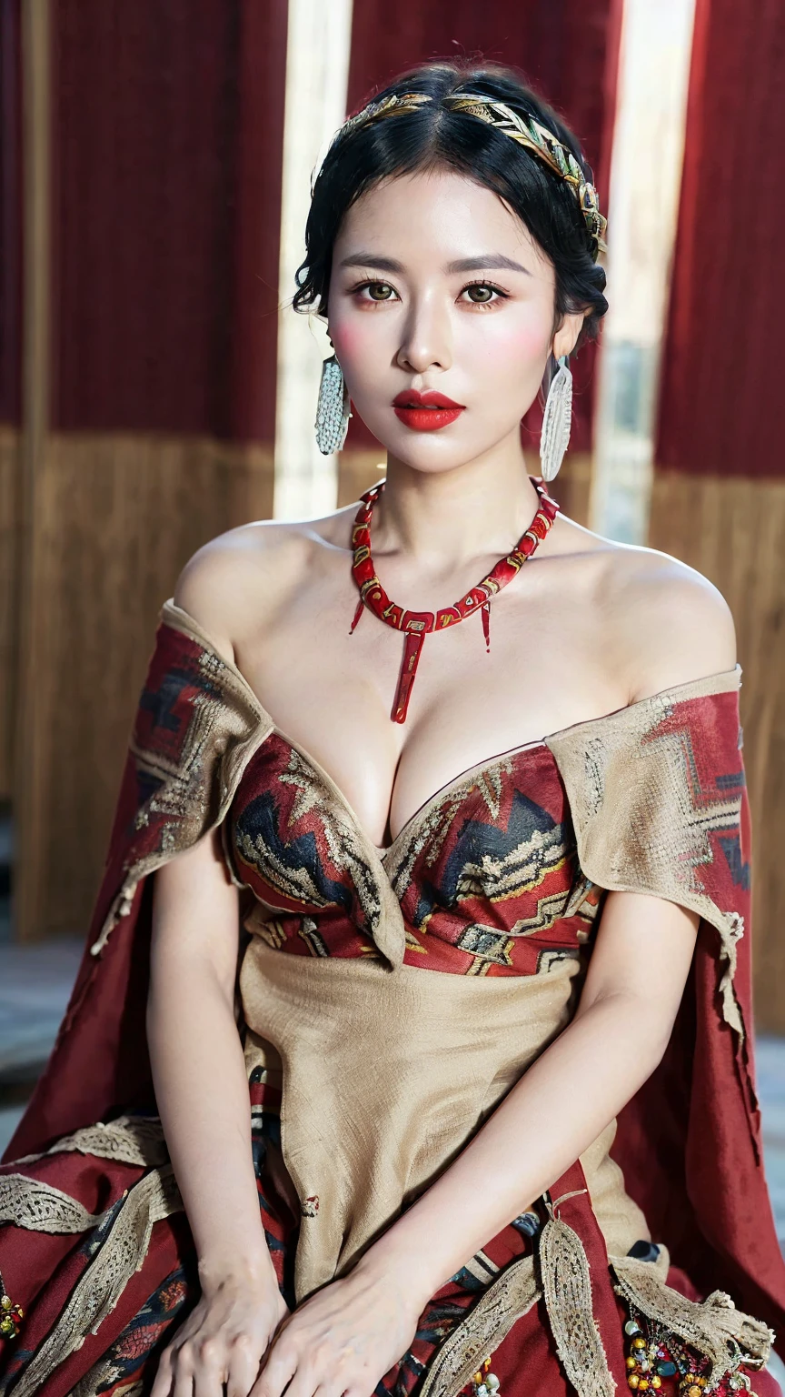 ((Realistic lighting, Masterpiece: 1.3)), (raw photo:1.2), Hyperrealist portrait gorgeous Beautiful tribal Chinese leader, mature woman, 40 years old, Milf, beautiful serious face, wrinkled face, beautiful detailed charming eyes, (pretty big breasts: 1.1), ((tribal red cape: 1.1), (tribal red gold strapless), (red tribal dress)), tribal loincloth, (tribal jewelry, tribal necklace, tribal diadem circlet), native American attire, tribal Palace background, legendary style, epic style, full body, (sit on throne: 1.2, tribal Palace background), professional photography, font view, very detailed faces, (garnet red lips, subtle makeup: 1.3), chignon hairstyle, full body, Best quality, 8K, colorful style