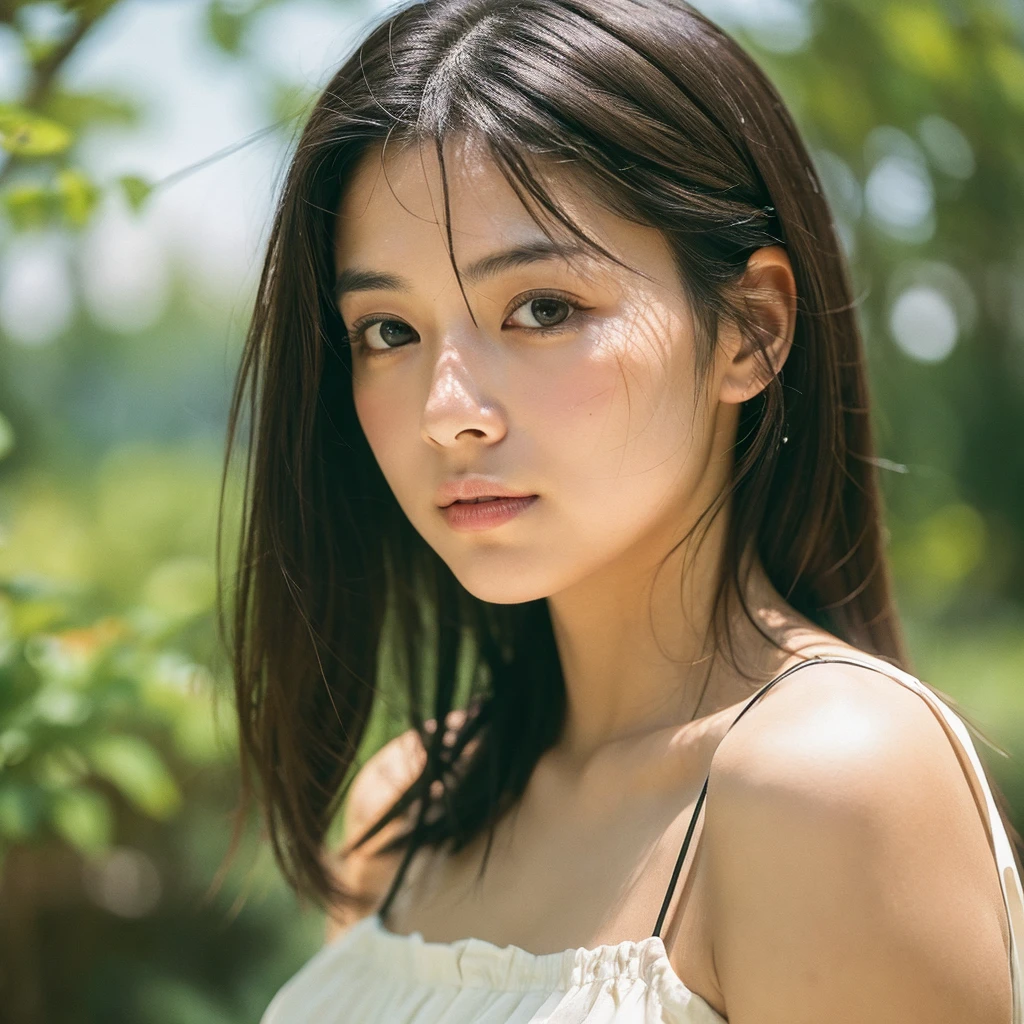 A hyper-realistic close-up image of a single Japanese woman in her early 20s, captured with the nostalgic warmth and subtle graininess of a film camera, focusing on her face and shoulders. Her skin has a warm beige tone with a natural, slightly rough texture that includes visible pores, fine lines, and subtle imperfections such as small blemishes, adding to the authenticity of her appearance. The soft, diffused natural light typical of a sunny summer day casts gentle, warm shadows on her face, enhancing the film-like quality while maintaining the realistic texture of her skin. Her straight, glossy black hair is slightly tousled by a gentle summer breeze, framing her face naturally. She is wearing a light, summery outfit, perhaps with straps visible at the shoulders, that complements her natural beauty and suits the warm weather. The film camera effect introduces a slight grain and a softer focus, giving the image a warm, nostalgic atmosphere while preserving the realism of her skin and features. The overall composition captures the serene and effortless elegance of a summer day, with the focus on the realistic texture of her skin and the timeless quality of the film camera aesthetic.