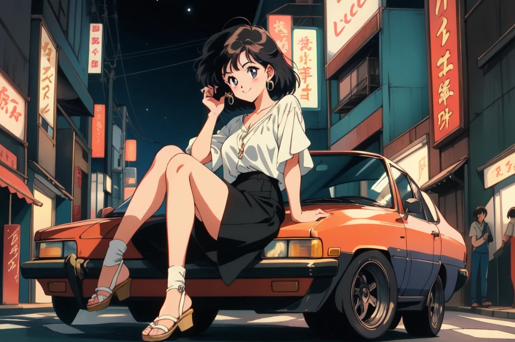 1 Retro anime pretty girl, Anime atmosphere of the 80s, 80s anime style, Retro Anime Girls, 1980's anime style, Retro anime images, Anime atmosphere, chill, sexy eyes , smile, black cat, folk car, blur tokyo city with peaples background, night time