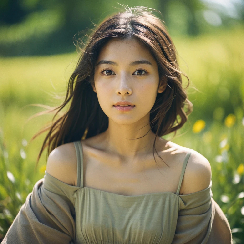 A hyper-realistic close-up image of a single Japanese woman in her early 20s, captured with the nostalgic warmth and subtle graininess of a film camera, focusing on her face and shoulders. Her skin has a warm beige tone with a natural, slightly rough texture that includes visible pores, fine lines, and subtle imperfections such as small blemishes, adding to the authenticity of her appearance. The soft, diffused natural light typical of a sunny summer day casts gentle, warm shadows on her face, enhancing the film-like quality while maintaining the realistic texture of her skin. Her straight, glossy black hair is slightly tousled by a gentle summer breeze, framing her face naturally. She is wearing a light, summery outfit, perhaps with straps visible at the shoulders, that complements her natural beauty and suits the warm weather. The film camera effect introduces a slight grain and a softer focus, giving the image a warm, nostalgic atmosphere while preserving the realism of her skin and features. The overall composition captures the serene and effortless elegance of a summer day, with the focus on the realistic texture of her skin and the timeless quality of the film camera aesthetic.