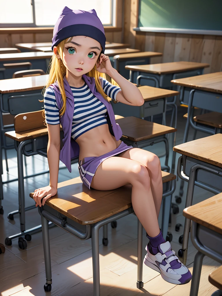 (masterpiece, best quality), 1girl, izumi Orimoto, indoors, classroom, seated, green eyes, blonde hair, long hair, purple beanie, purple vest, purple miniskirt, blue white striped shirt, long purple socks, sneakers, purple vest, striped shirt, navel shirt