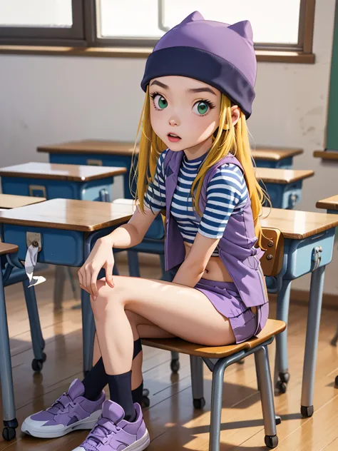 (masterpiece, best quality), 1girl, izumi orimoto, indoors, classroom, seated, green eyes, blonde hair, long hair, purple beanie...