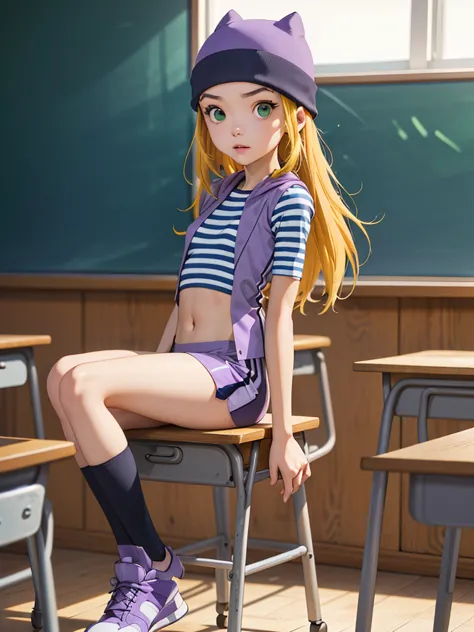 (masterpiece, best quality), 1girl, izumi orimoto, indoors, classroom, seated, green eyes, blonde hair, long hair, purple beanie...