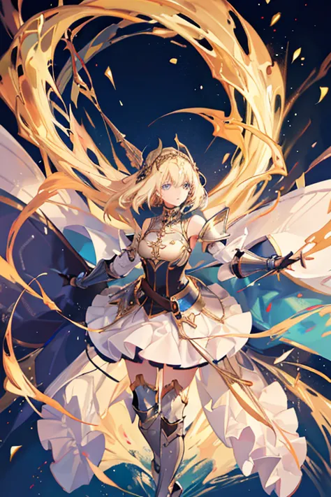 a full-length portrait of a young woman in anime style.., with long, light blonde hair, framed by a white mantle adorned with go...