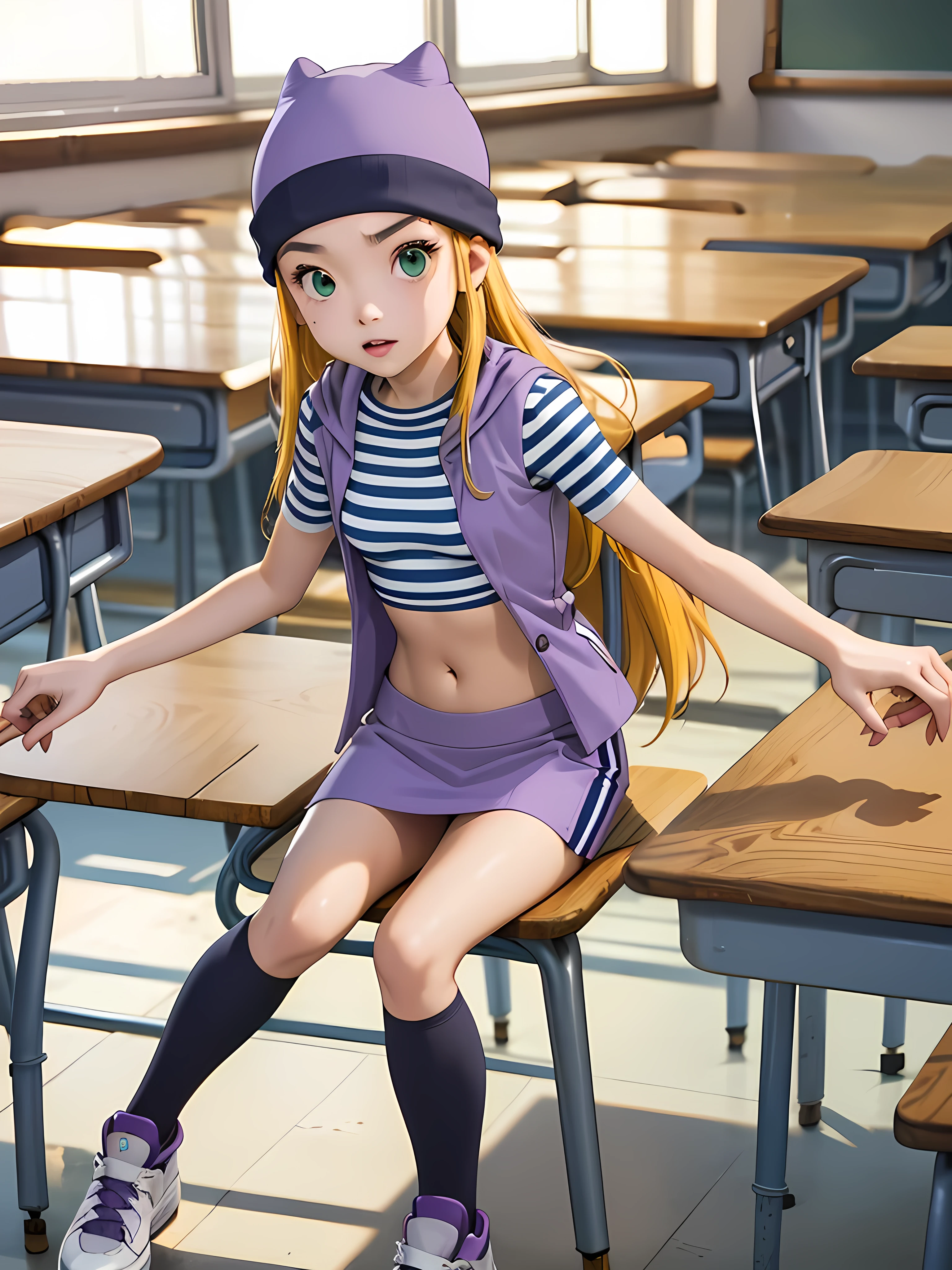 (masterpiece, best quality), 1girl, izumi Orimoto, indoors, classroom, seated, green eyes, blonde hair, long hair, purple beanie, purple vest, purple miniskirt, blue white striped shirt, long purple socks, sneakers, purple vest, striped shirt, navel shirt, small breast,