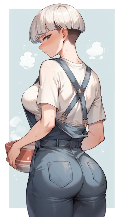 redesign, 1 girl, bowl cut, short white hair, overalls, shy, blue colored eyes, overalls, breasts big, in this, from behind, tig...