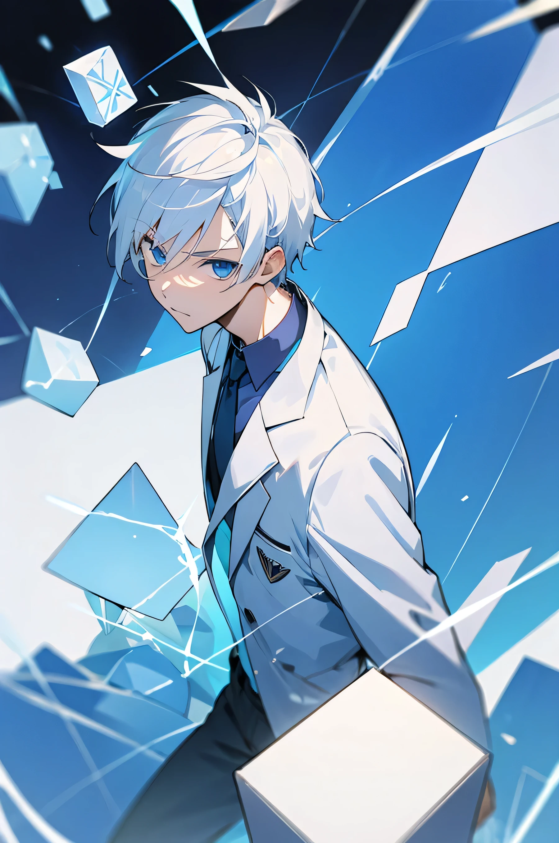 Male, young teen, White hair, Blue eyes, Suit, Blue Lightning, Cube Background